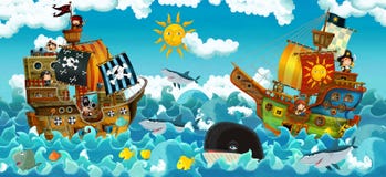 Los piratas en el mar - batalla - ejemplo para los niños ilustración del vector Los piratas en el mar - batalla - ejemplo para los niños ilustración del vector