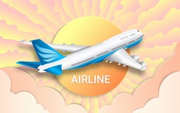 Lot pasażerski liniowiec airlines Podróż Kolorowy niebo, jaskrawy słońce i menchii chmury, Skutek cięcie papier ilustracji Lot pasażerski liniowiec airlines Podróż Kolorowy niebo, jaskrawy słońce i menchii chmury, Skutek cięcie papier ilustracji