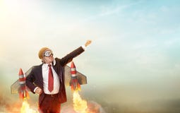 Lotnika biznesmen Z Jetpack Na Jego Z powrotem zdjęcie stock Lotnika biznesmen Z Jetpack Na Jego Z powrotem zdjęcie stock