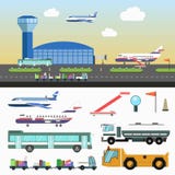 Lotniskowa struktura i specjalni pojazdy ustawiający na bielu ilustracji Lotniskowa struktura i specjalni pojazdy ustawiający na bielu ilustracji