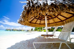 Lounge Chairs under Umbrella on the Beach royalty free stock photos Lounge Chairs under Umbrella on the Beach royalty free stock photos