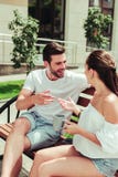 Pretty brunette girl talking to her boyfriend stock photography Pretty brunette girl talking to her boyfriend stock photography