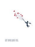 Love concept for valentine`s day, little boy flying with heart shape balloons. vector illustration Love concept for valentine`s day, little boy flying with heart shape balloons. vector illustration