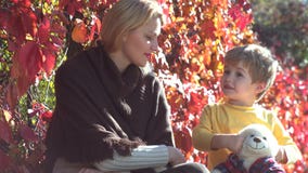 Love family. Happy mother and son outdoors. Mother and son playing in autumn park and having fun. Mother and children stock video Love family. Happy mother and son outdoors. Mother and son playing in autumn park and having fun. Mother and children stock video