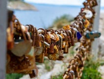 Love padlocks on a railing on the coast in Croatia stock image Love padlocks on a railing on the coast in Croatia stock image