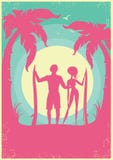 Lovely couple of surfers and blue sea waves on poster.Vector bac Royalty Free Stock Photos Lovely couple of surfers and blue sea waves on poster.Vector bac Royalty Free Stock Photos