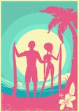 Lovely couple of surfers and blue sea waves on Vector poster bac Stock Photography Lovely couple of surfers and blue sea waves on Vector poster bac Stock Photography