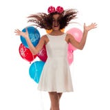 Lovely girl brunette with long hair in a white dress with a bow on her head and balloons posing on a white background Royalty Free Stock Photo Lovely girl brunette with long hair in a white dress with a bow on her head and balloons posing on a white background Royalty Free Stock Photo