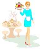 Lovely shapely lady. The girl is carrying a tray of fruit. A woman has a profession as a waiter. Vector illustration royalty free illustration Lovely shapely lady. The girl is carrying a tray of fruit. A woman has a profession as a waiter. Vector illustration royalty free illustration