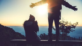 Lover Women And Men Asian Travel Nature. Travel Relax. Natural Touch Countryside. On The Moutain. Stand Watch The Sun Rise. Royalty Free Stock Photography Lover Women And Men Asian Travel Nature. Travel Relax. Natural Touch Countryside. On The Moutain. Stand Watch The Sun Rise. Royalty Free Stock Photography