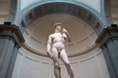 Low Angle Shot Of Michelangelo&x27;s David In The Academy Of Florence Stock Image