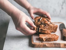 Low-fat banana bread, copy space, top view stock photo Low-fat banana bread, copy space, top view stock photo
