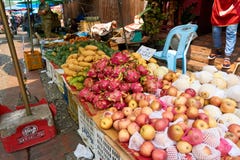 LUANG PRABANG, LAOS - APRIL 14, 2019. Local Lao people celebrating Pi Mai, at the market. Lao New Year, big water festival royalty free stock photos LUANG PRABANG, LAOS - APRIL 14, 2019. Local Lao people celebrating Pi Mai, at the market. Lao New Year, big water festival royalty free stock photos