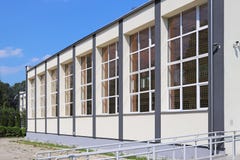 Lubno, Poland - july 9 2018: The modern sports hall of the village school. The eduction building of the younger generation. Walls stock photo Lubno, Poland - july 9 2018: The modern sports hall of the village school. The eduction building of the younger generation. Walls stock photo