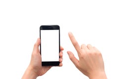 Ludzka ręka trzyma mądrze telefon z pustym ekranem odizolowywającym na białym tle Fotografia Royalty Free Ludzka ręka trzyma mądrze telefon z pustym ekranem odizolowywającym na białym tle Fotografia Royalty Free