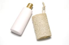 Luffa et savon liquide photos stock Luffa et savon liquide photos stock
