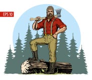 Free Lumberjack With Axe And Downed Log, Forest Background. Vector Illustration Royalty Free Stock Images - 137644619