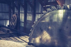 Lumbermill saw in shed Shiny Silver Metal Walls stock image Lumbermill saw in shed Shiny Silver Metal Walls stock image