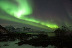 Lumière du nord verte Aurora Borealis dans une nuit étoilée claire au-dessus d'un fjord norvégien Photo stock Lumière du nord verte Aurora Borealis dans une nuit étoilée claire au-dessus d'un fjord norvégien Photo stock