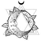 Luna crescente, fiore rosa, la geometria sacra Florida del tatuaggio di Blackwork illustrazione di stock Luna crescente, fiore rosa, la geometria sacra Florida del tatuaggio di Blackwork illustrazione di stock
