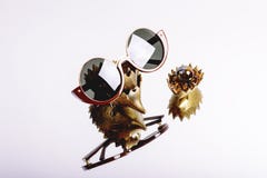 Lunettes de soleil dans un cadre rouge avec les lentilles rondes dans une composition sur le miroir photographie stock libre de droits Lunettes de soleil dans un cadre rouge avec les lentilles rondes dans une composition sur le miroir photographie stock libre de droits