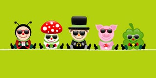 Lunettes de soleil vertes de porc et de feuille de trèfle de ramoneur d'agaric de mouche de coccinelle de bannière illustration stock Lunettes de soleil vertes de porc et de feuille de trèfle de ramoneur d'agaric de mouche de coccinelle de bannière illustration stock