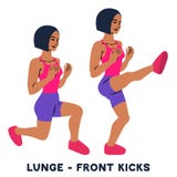 Lunges. Front kicks. Sport exersice. Silhouettes of woman doing exercise. Workout, training