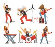 Lustige Zeichentrickfilm-Figuren im Rockband Musiker in der berühmten Popgruppe Vektormaskottchensatz lizenzfreie abbildung Lustige Zeichentrickfilm-Figuren im Rockband Musiker in der berühmten Popgruppe Vektormaskottchensatz lizenzfreie abbildung