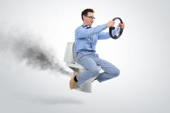 Lustiges Geschäftsmannfliegen auf der Toilette stockbild Lustiges Geschäftsmannfliegen auf der Toilette stockbild