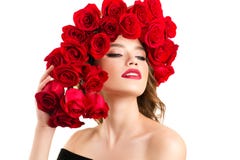 Luxurious Young Girl With Red Roses Hairstyle Royalty Free Stock Photography