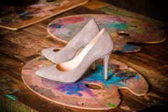 Luxury Beige Women`s Shoes With High Thin Heels. Royalty Free Stock Photo Luxury Beige Women`s Shoes With High Thin Heels. Royalty Free Stock Photo