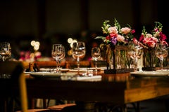Luxury Table Settings For Fine Dining With And Glassware, Beautiful Blurred Background. For Events, Weddings. Stock Images