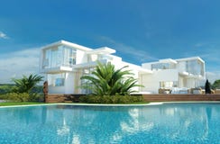 Luxushaus mit einem tropischen Garten und einem Pool lizenzfreie stockfotografie Luxushaus mit einem tropischen Garten und einem Pool lizenzfreie stockfotografie