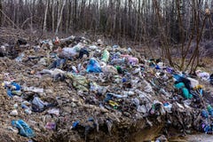 LVIV, UCR?NIA - 30 de abril de 2019: Lixo ilegal na floresta da mola, cat?strofe ecol?gica em grande escala dentro fotos de stock royalty free LVIV, UCR?NIA - 30 de abril de 2019: Lixo ilegal na floresta da mola, cat?strofe ecol?gica em grande escala dentro fotos de stock royalty free