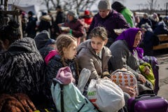 LVIV, UKRAINE - March 12, 2022: Humanitarian catastrophe during at russian aggression war against Ukraine. Refugees from the war-