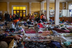 LVIV, UKRAINE - March 12, 2022: Humanitarian catastrophe during at war in Ukraine. Millions of refugees from the war-torn