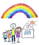 Lycklig familj med sm? barn Moder och fader med ungar Syskongrupp med f?r?ldrar Min familj med huset och regnb?gen fotografering för bildbyråer Lycklig familj med sm? barn Moder och fader med ungar Syskongrupp med f?r?ldrar Min familj med huset och regnb?gen fotografering för bildbyråer