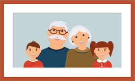 Lycklig familjstående: le morföräldrar och barnbarnet i den träbruna ramen vektor illustrationer Lycklig familjstående: le morföräldrar och barnbarnet i den träbruna ramen vektor illustrationer