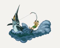 Lycklig fiskare som rider en Marlinvektorillustration vektor illustrationer Lycklig fiskare som rider en Marlinvektorillustration vektor illustrationer