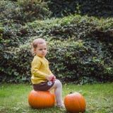 lyckliga halloween Den gulliga lilla flickan sitter på en pumpa och ett innehav ett äpple i hennes hand fotografering för bildbyråer lyckliga halloween Den gulliga lilla flickan sitter på en pumpa och ett innehav ett äpple i hennes hand fotografering för bildbyråer