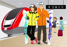 Lyckliga parskidåkare som står på drevstationen vektor illustrationer Lyckliga parskidåkare som står på drevstationen vektor illustrationer