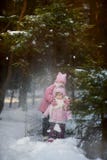 Lyckliga små systrar har gyckel i snöig skog arkivbilder Lyckliga små systrar har gyckel i snöig skog arkivbilder