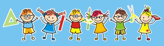 Lyckliga ungar och skolatillförsel vektor illustrationer Lyckliga ungar och skolatillförsel vektor illustrationer
