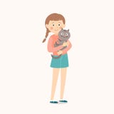 Lyckligt barn med en katt kattflicka henne som är tonårs- Bästa vän Illustration för konst för tecknad filmvektorgem på vit stock illustrationer Lyckligt barn med en katt kattflicka henne som är tonårs- Bästa vän Illustration för konst för tecknad filmvektorgem på vit stock illustrationer