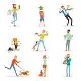 Lyckligt folk som har gyckel med husdjur, mannen, kvinnor och ungar som utbildar och spelar vektor illustrationer Lyckligt folk som har gyckel med husdjur, mannen, kvinnor och ungar som utbildar och spelar vektor illustrationer