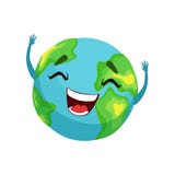 Lyckligt jordplanettecken, gulligt jordklot med smileyframsidan och handvektorillustration stock illustrationer Lyckligt jordplanettecken, gulligt jordklot med smileyframsidan och handvektorillustration stock illustrationer