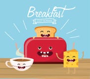 Lyckligt skivat bröd med kakaokoppen och ost stock illustrationer Lyckligt skivat bröd med kakaokoppen och ost stock illustrationer
