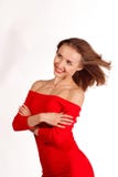 Lächelnde Frau in der roten Aufstellung gegen weißen Hintergrund Studio-ISO stockfoto Lächelnde Frau in der roten Aufstellung gegen weißen Hintergrund Studio-ISO stockfoto