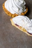Läcker merengueefterrätt Citrontartlet som är syrlig med med maräng, äppledriftstopp inom på bakgrund för tabell för grå färgsten arkivfoton Läcker merengueefterrätt Citrontartlet som är syrlig med med maräng, äppledriftstopp inom på bakgrund för tabell för grå färgsten arkivfoton