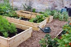 Légume et jardin d'agrément rustiques de pays avec les lits, la pelle, la boîte d'arrosage et le Composters augmentés photo libre de droits Légume et jardin d'agrément rustiques de pays avec les lits, la pelle, la boîte d'arrosage et le Composters augmentés photo libre de droits